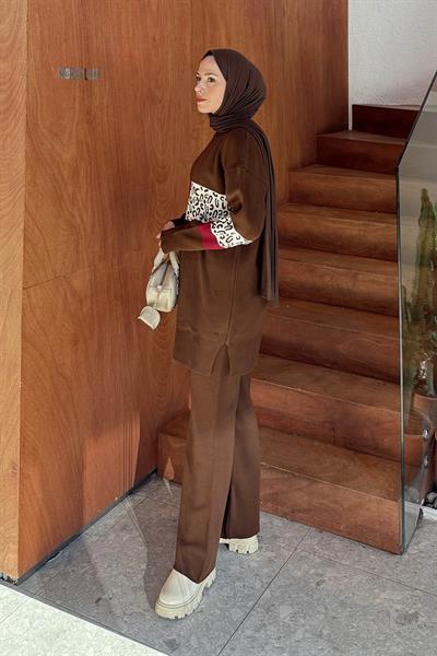 Desenli Triko Takım Acı Kahverengi