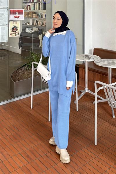 Yakası Taşlı Triko Takım Bebe Mavisi