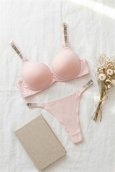 Mikro Kumaş Düz RenkTaşlı Destekli Sütyen Takımı Şeker Pembesi