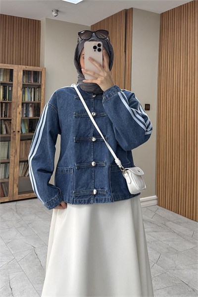 Şerit Detaylı Birit Düğmeli Denim Ceket Kot Mavisi