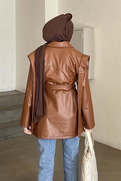 Kruvaze Yaka Kuşaklı Deri Ceket Kahverengi