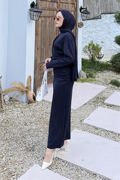 Büzgülü Tesettür Elbise Lacivert