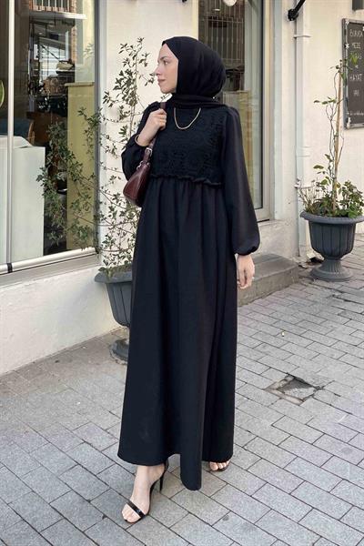 Dantel Örgü Detaylı Elbise Siyah