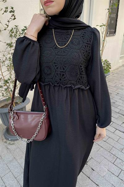 Dantel Örgü Detaylı Elbise Siyah