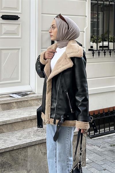 Süet Düğmeli Mont Siyah Kahverengi