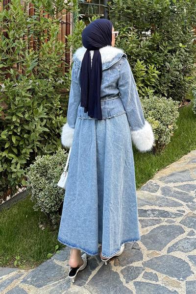 Kürk Detaylı Denim Takım Kot Mavi