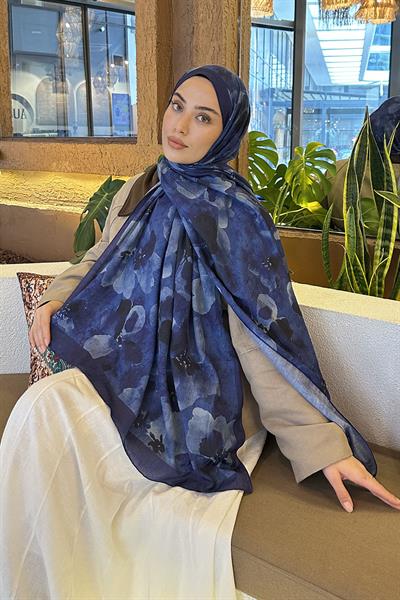 Batik Çiçek Desen Bambu Şal Gece Mavisi