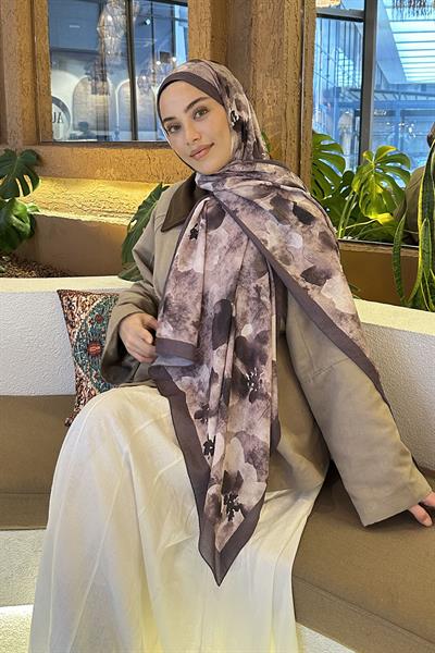Batik Çiçek Desen Bambu Şal Soft Kahve