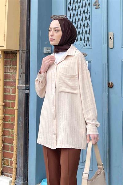 Tek Cep Çizgili Gömlek Bej