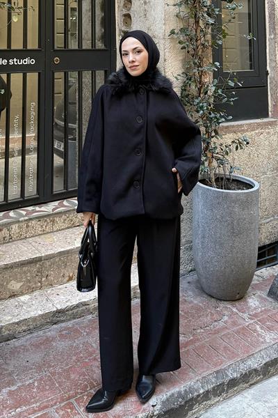 Kürk Yakalı Kaban Siyah