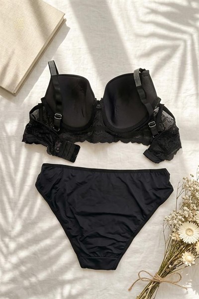 Desteksiz Balenli Büyük Beden Taş Detaylı Sütyen Takım Siyah