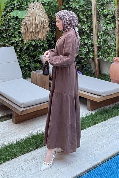 Bel Büzgülü Tesettür Elbise Acı Kahverengi