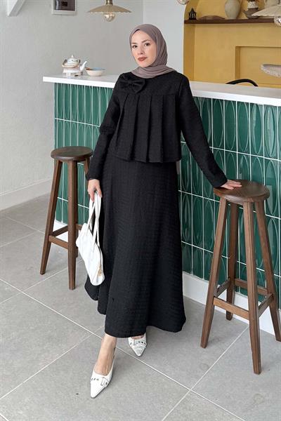 Pile Detaylı Tesettür Tüvit Takım Siyah