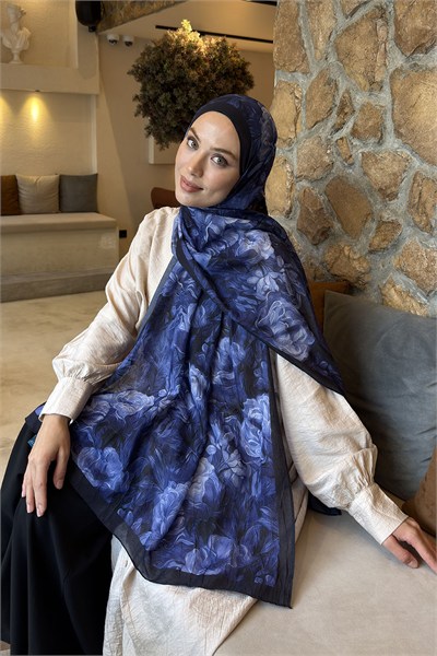 Vintage Flower Desen Bambu Şal Lacivert