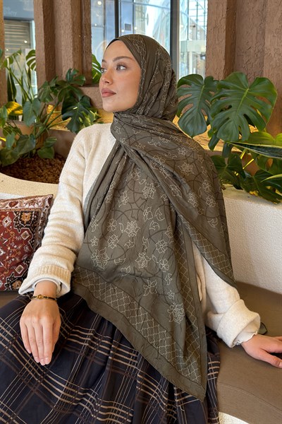 Geometrik Desen Bambu Şal Haki