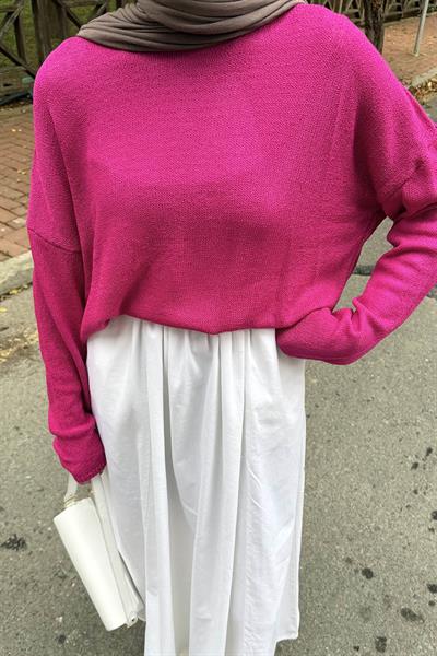 Kayık Yaka Triko Kazak Fuşya
