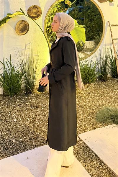 Kuşaklı Omuz Apoletli Trençkot Siyah