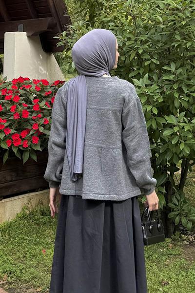 Yakası Bağcıklı Triko Kazak Antrasit