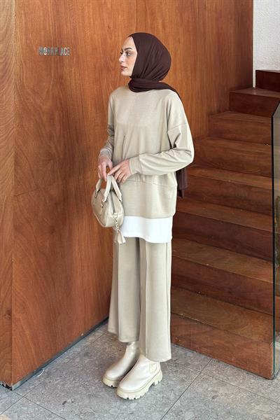 Fermuarlı Garnili Takım Bej