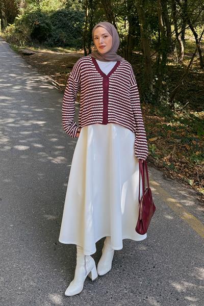 İnce Çizgili Triko Hırka Bordo