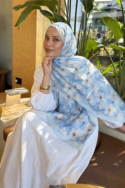 Çiçek Desen Lara Soft Şal Bebe Mavisi