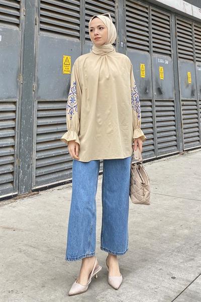 Kol Nakışlı Tunik Bej