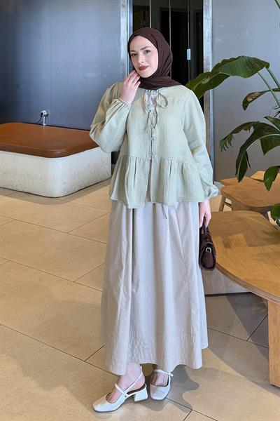 V Yaka Kolları Lastikli Müslim Tesettür Gömlek Çağla Yeşili