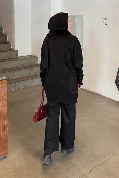 Peluş Yaka Triko Takım Siyah