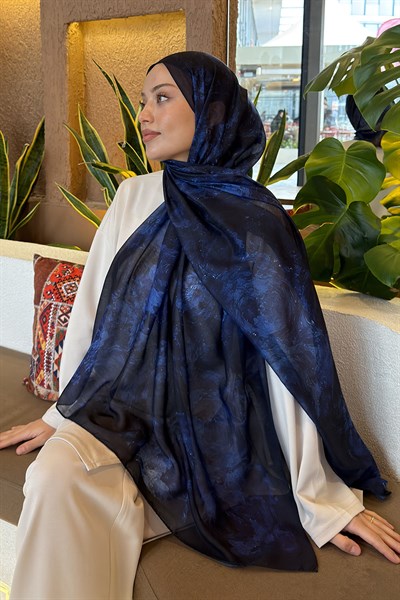 Gül Çiçek Desen Ferah Şal Lacivert