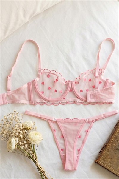 Kalp Nakışlı Tül  Sütyen Takım Pembe