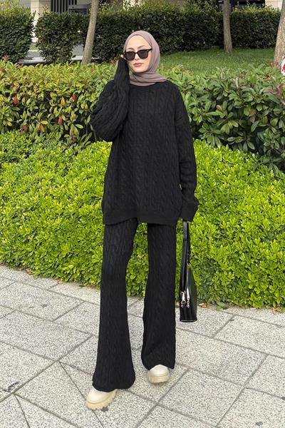 Örgülü Şardonlu Takım Siyah