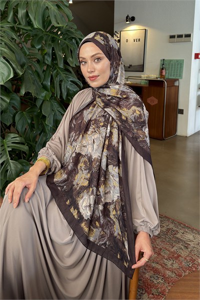 Vintage Flower Desen Bambu Şal Koyu Kahve