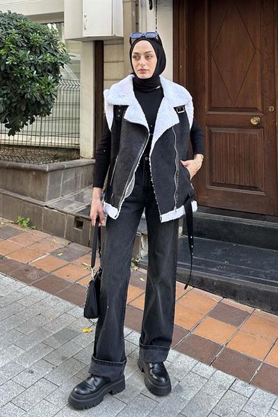 Kürk Detaylı Süet Yelek Beyaz