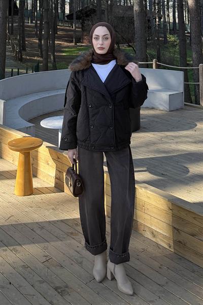 Kürk Yaka Düğmeli Mont Siyah