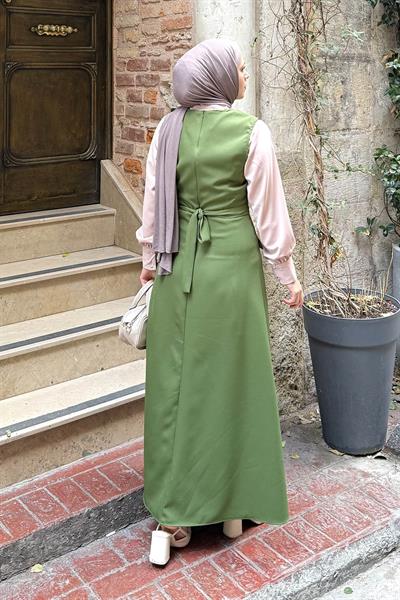 Düğme Detaylı Elbise Kına Yeşili
