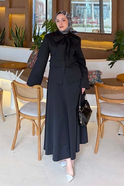 Kravat Yaka Tesettür Takım Siyah