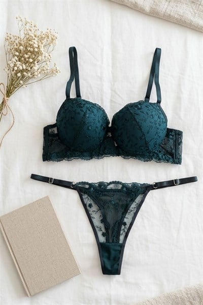 Destekli Brode Sütyen Takımı Zümrüt Yeşili