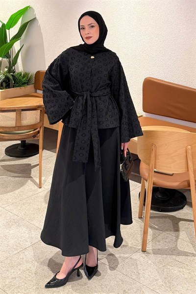 Kuşak Detaylı Bluz-Etek Takım Siyah