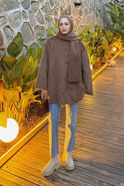 Peluş Atkılı Mont Sütlü Kahve