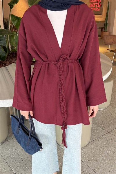 Örgü Bağlamalı Kimono Ceket Bordo