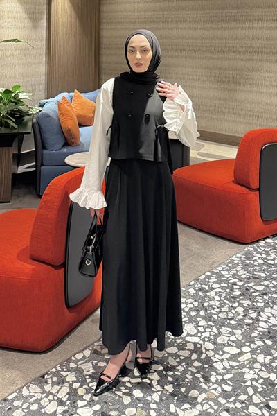 Düğmeli Yelekli Takım Siyah