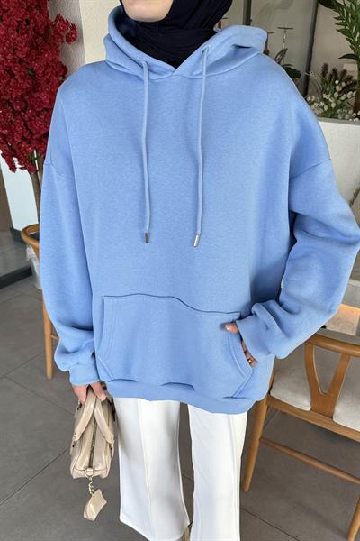 Üç İplik Kanguru Cep Sweatshirt Bebe Mavisi