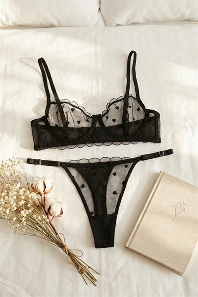 Kalp Nakışlı Tül  Sütyen Takım Siyah