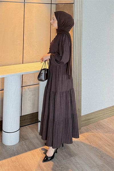 Biritli Tesettür Elbise Acı Kahverengi