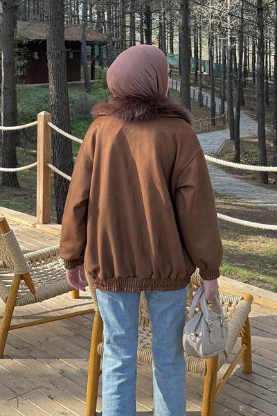 Kürk Yaka Cepli Mont Kahverengi