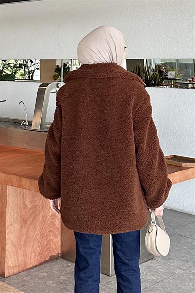Biye Detaylı Tedy Peluş Mont Acı Kahverengi
