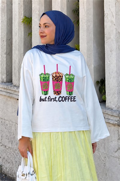 Basic Oversize Matcha  Baskılı Bluz Beyaz