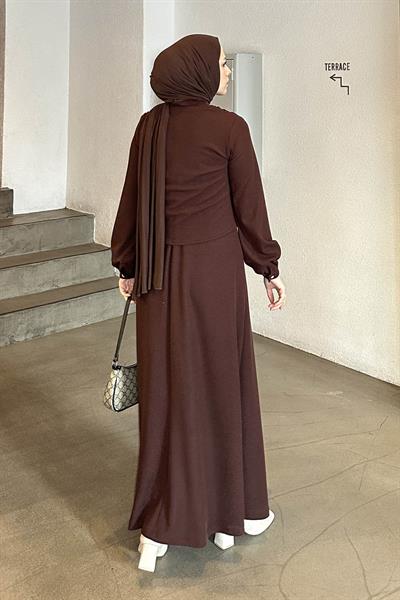 Düğme Detaylı Hırka Tesettür Jile Takım Acı Kahverengi