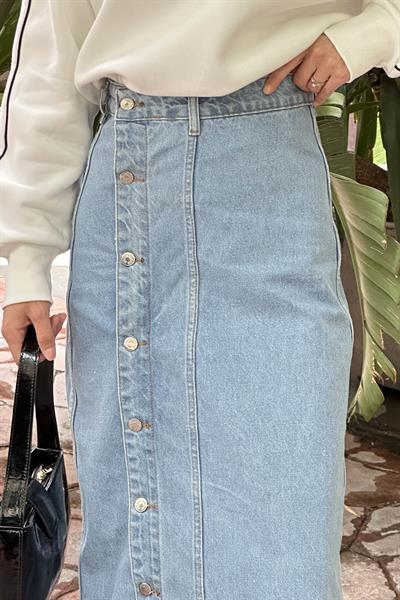 Düğmeli Kot Etek Buz Mavisi