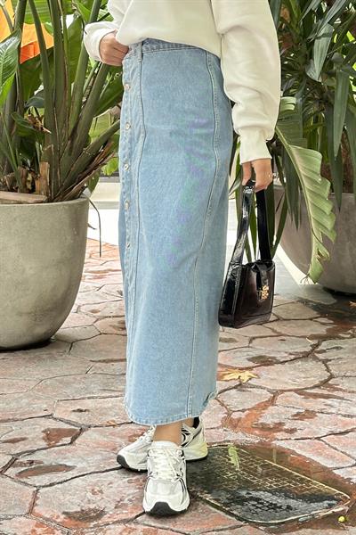 Düğmeli Kot Etek Buz Mavisi